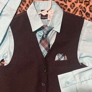 Van Heusen Kids turquoise Blue Shirt with Black Vest and Plaid Tie